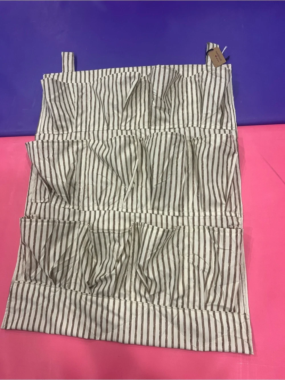 Handmade Fabric Hanging Wall Organizer - Striped Canvas Storage Caddy w/ Pockets